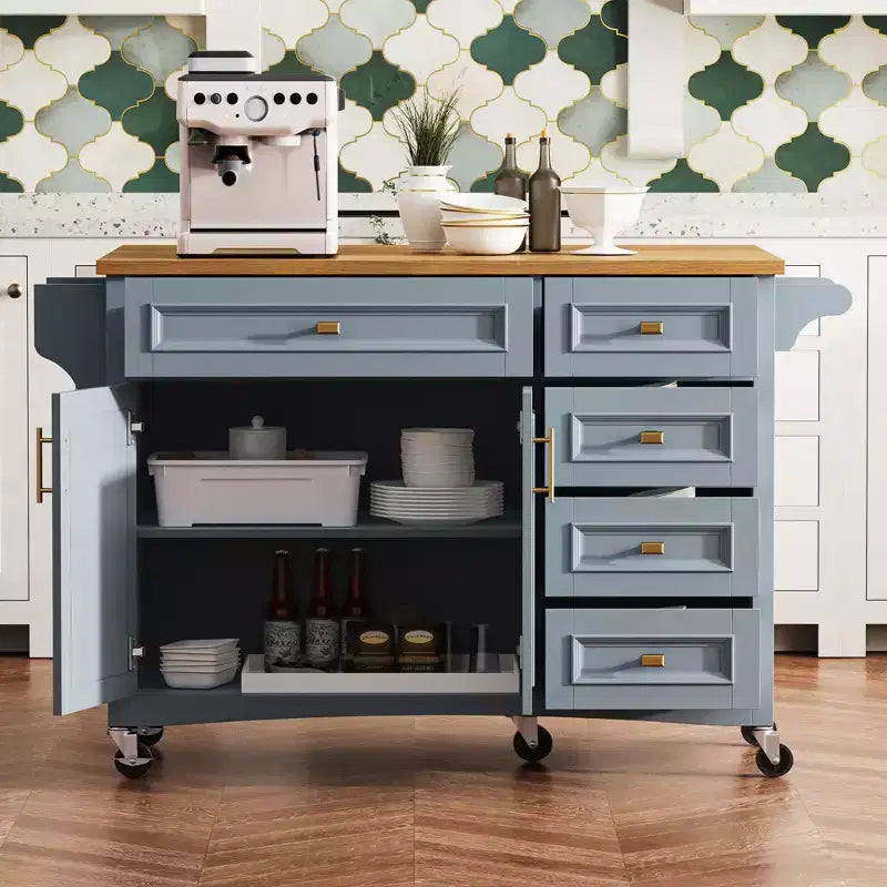 52" Kitchen Island with Drop Leaf, Built-in Racks, Drawers and Adjustable Shelf, on Wheels