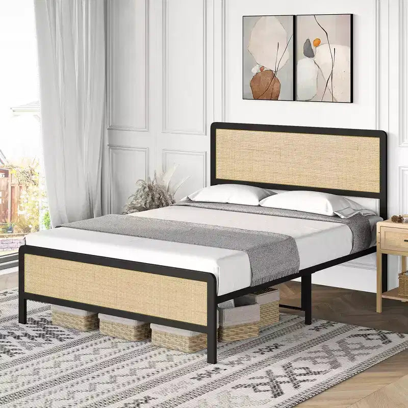 Bed Frame With Rattan Headboard/Footboard, Platform Bed Frame, Mid Century Modern Bed Frame/No Box Spring Needed/Easy Assembly/Noise-Free