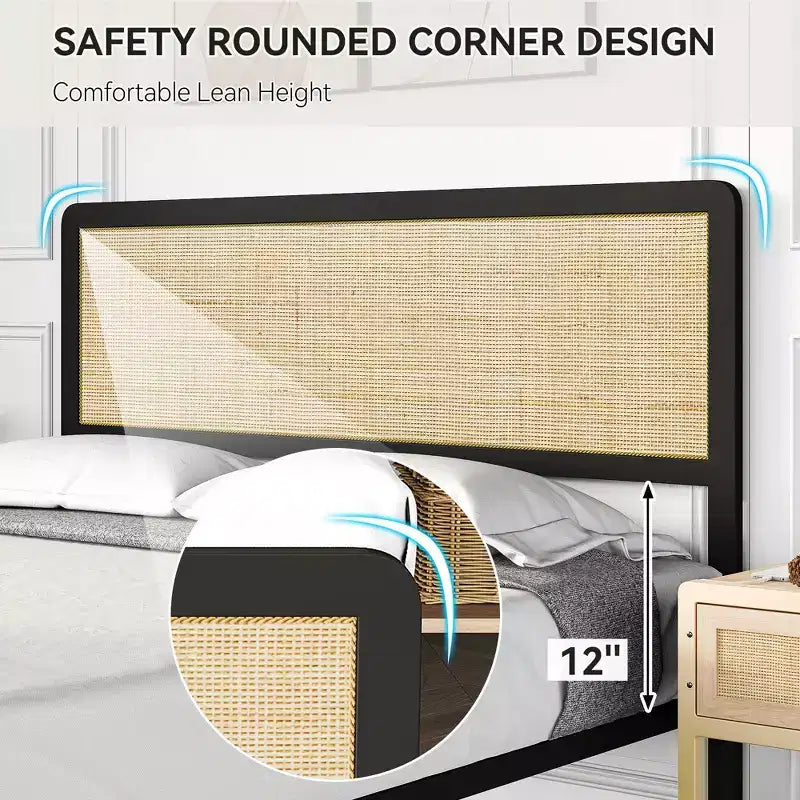 Bed Frame With Rattan Headboard/Footboard, Platform Bed Frame, Mid Century Modern Bed Frame/No Box Spring Needed/Easy Assembly/Noise-Free