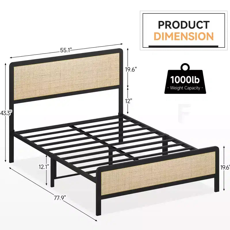 Bed Frame With Rattan Headboard/Footboard, Platform Bed Frame, Mid Century Modern Bed Frame/No Box Spring Needed/Easy Assembly/Noise-Free
