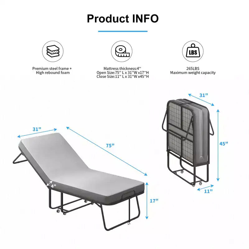 Folding Bed with Mattress, Portable Guest Bed Camping Cot, Soft Padded Rollaway Sleeping Bed