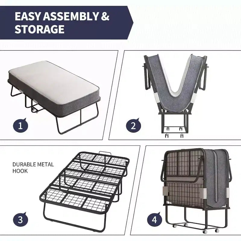 Folding Bed with Mattress, Portable Guest Bed Camping Cot, Soft Padded Rollaway Sleeping Bed