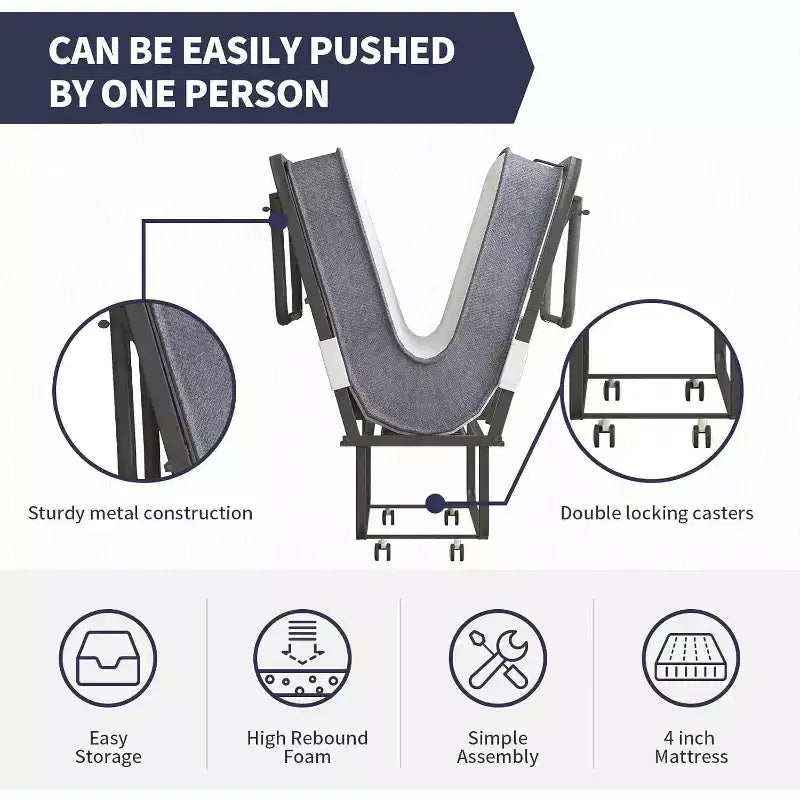 Folding Bed with Mattress, Portable Guest Bed Camping Cot, Soft Padded Rollaway Sleeping Bed