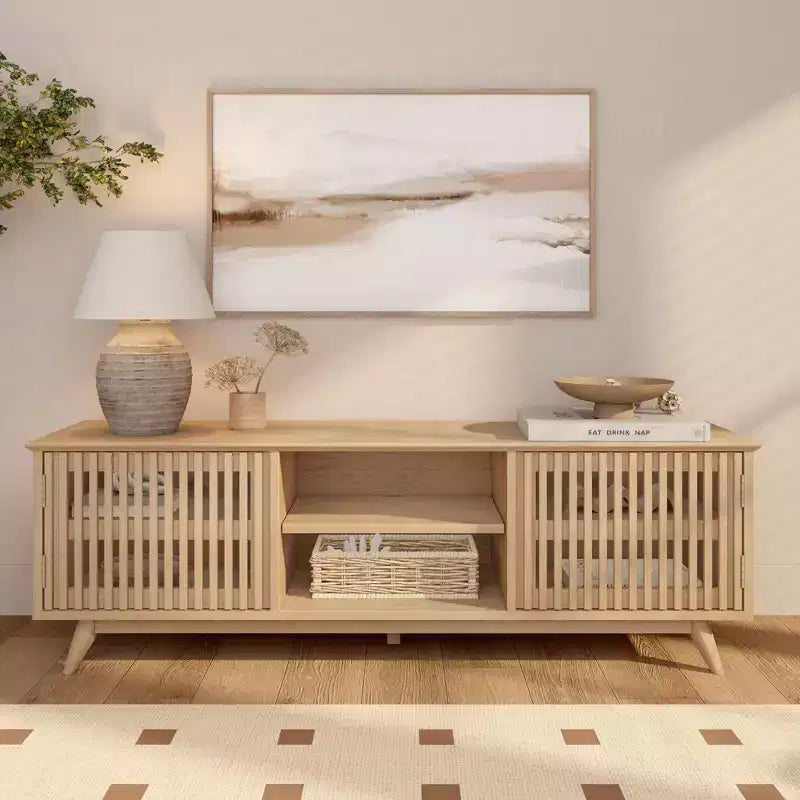 59" Mid-Century Modern Solid Wood TV Stand with 2 Doors