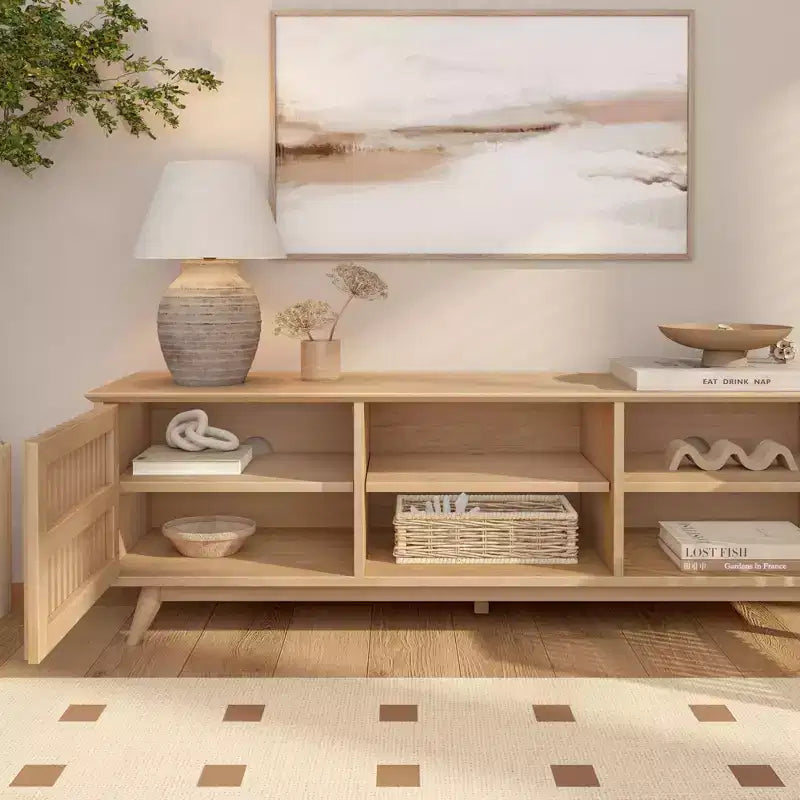 59" Mid-Century Modern Solid Wood TV Stand with 2 Doors