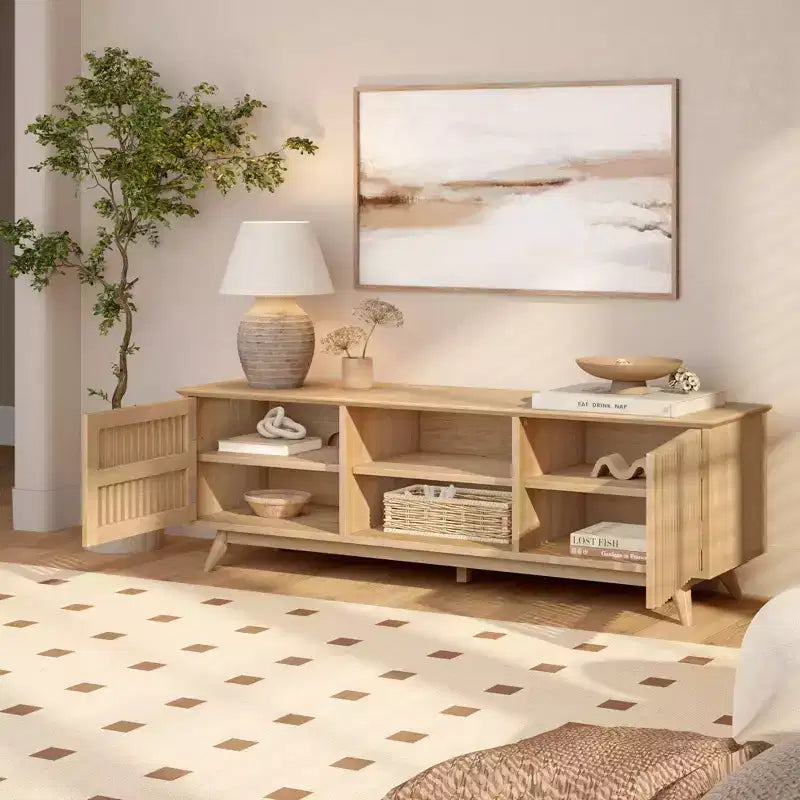 59" Mid-Century Modern Solid Wood TV Stand with 2 Doors