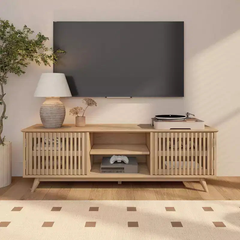 59" Mid-Century Modern Solid Wood TV Stand with 2 Doors