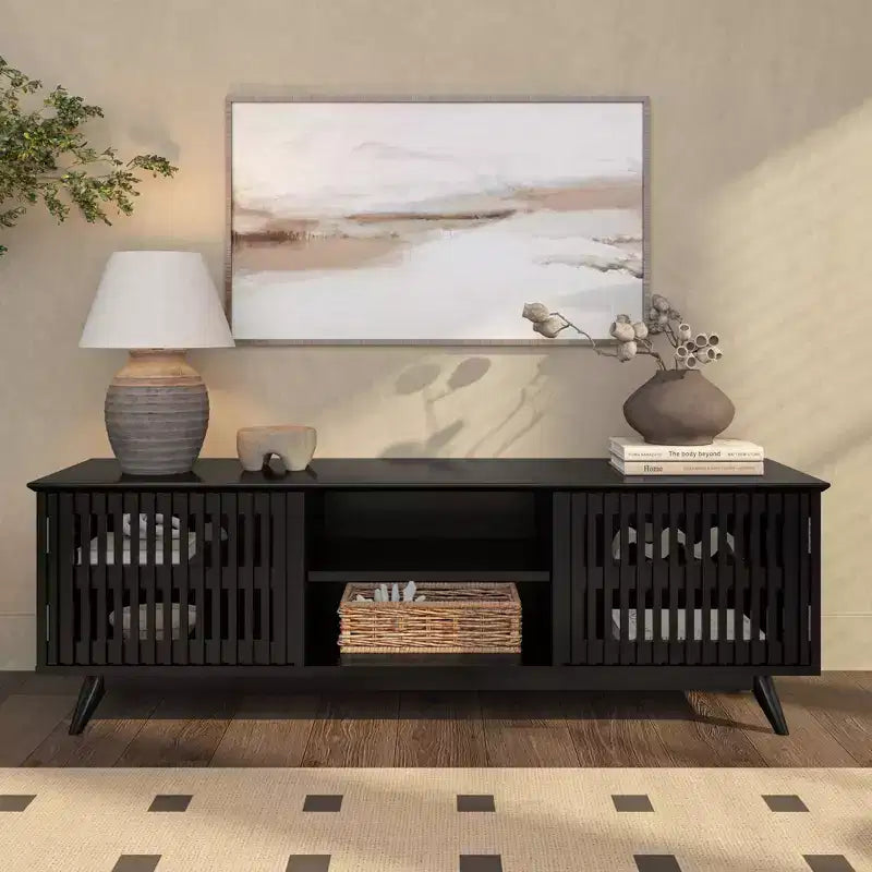 59" Mid-Century Modern Solid Wood TV Stand with 2 Doors