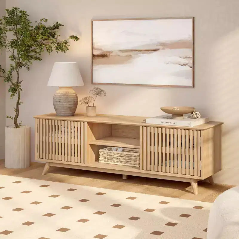 59" Mid-Century Modern Solid Wood TV Stand with 2 Doors