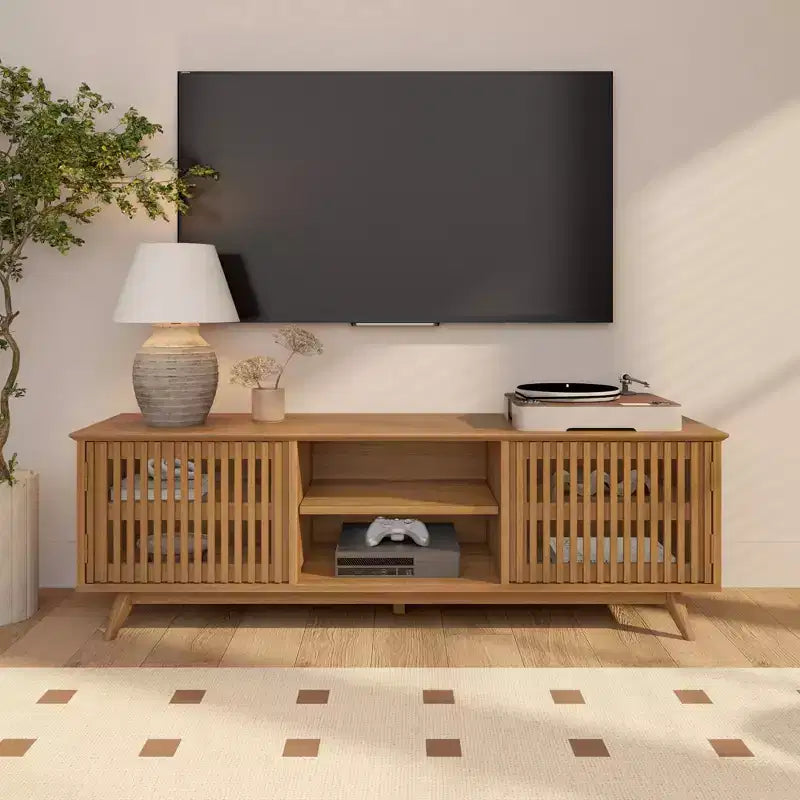 59" Mid-Century Modern Solid Wood TV Stand with 2 Doors