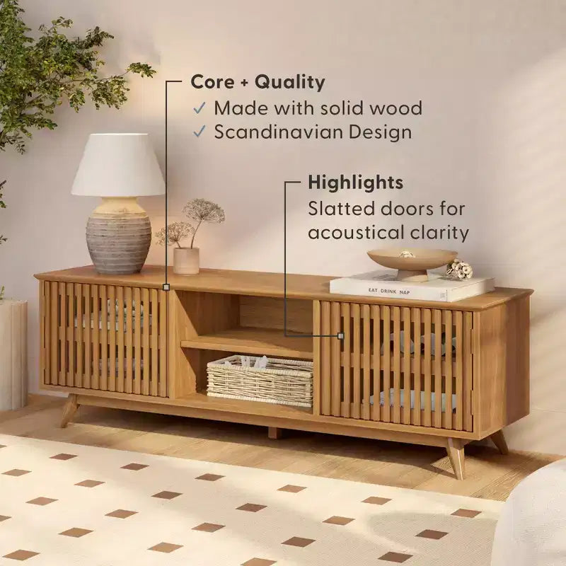 59" Mid-Century Modern Solid Wood TV Stand with 2 Doors