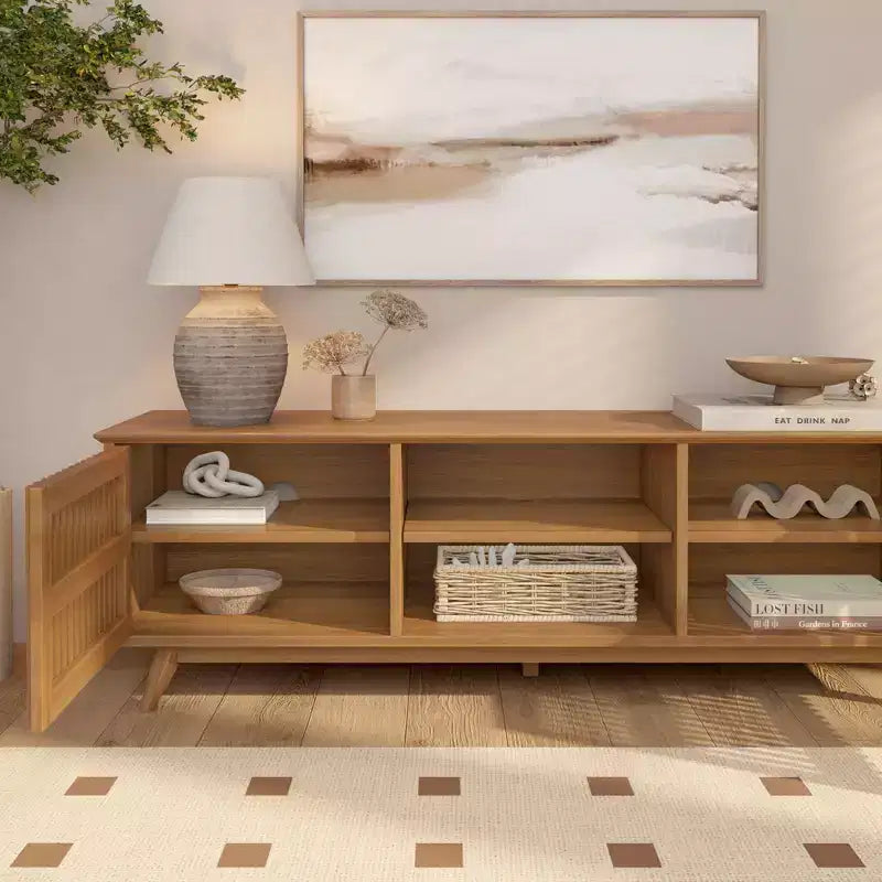 59" Mid-Century Modern Solid Wood TV Stand with 2 Doors