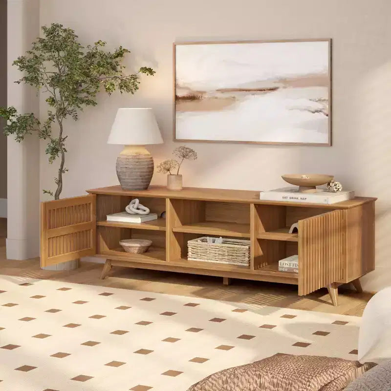 59" Mid-Century Modern Solid Wood TV Stand with 2 Doors