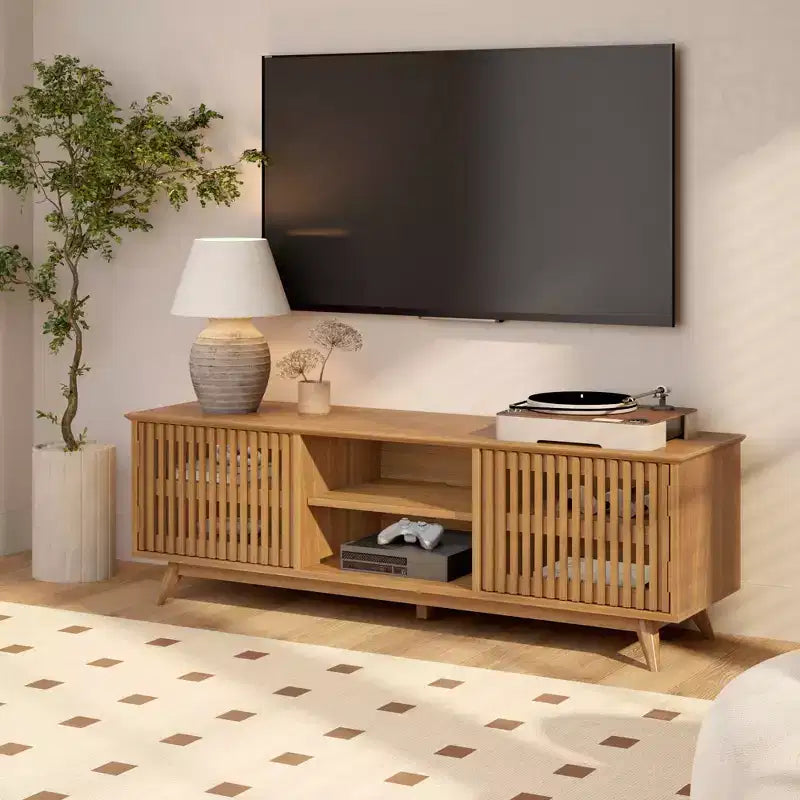 59" Mid-Century Modern Solid Wood TV Stand with 2 Doors