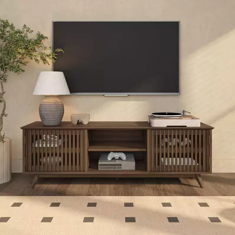59" Mid-Century Modern Solid Wood TV Stand with 2 Doors