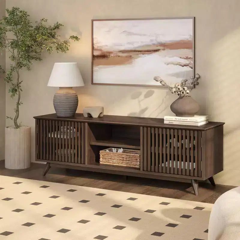 59" Mid-Century Modern Solid Wood TV Stand with 2 Doors