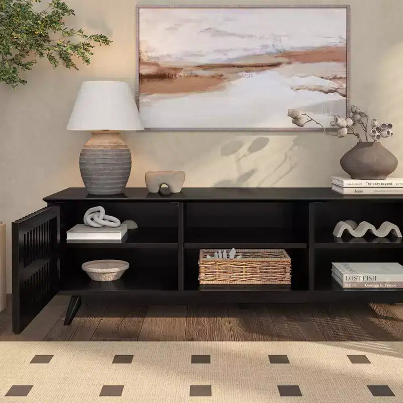 59" Mid-Century Modern Solid Wood TV Stand with 2 Doors
