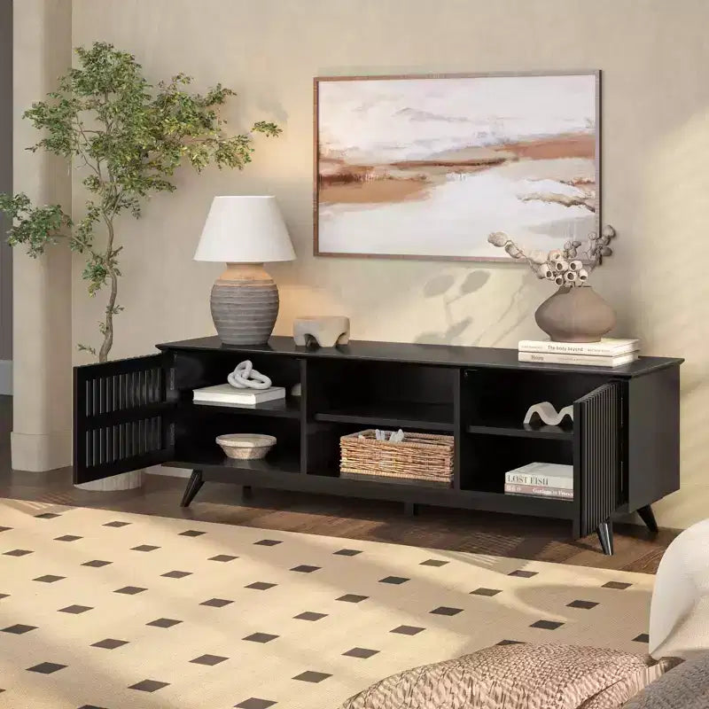 59" Mid-Century Modern Solid Wood TV Stand with 2 Doors