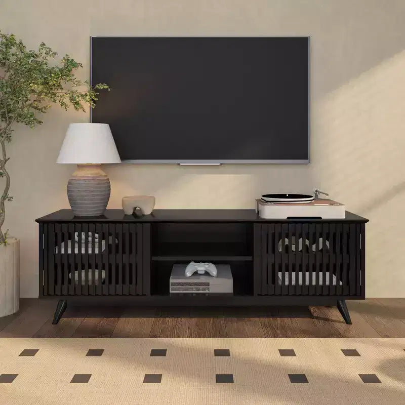 59" Mid-Century Modern Solid Wood TV Stand with 2 Doors