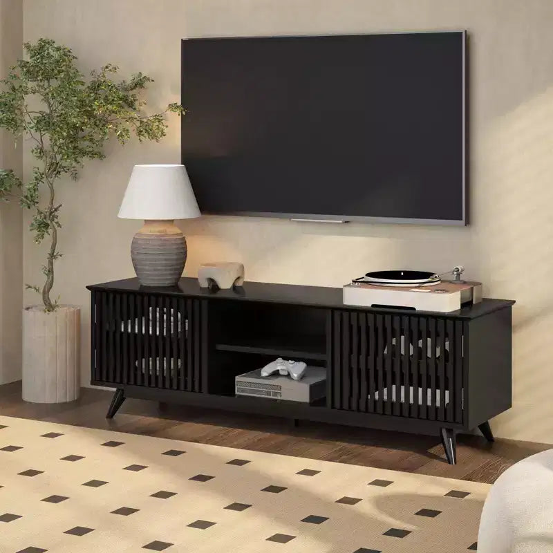 59" Mid-Century Modern Solid Wood TV Stand with 2 Doors