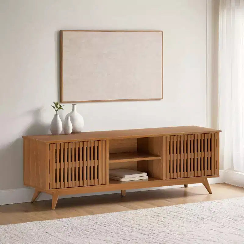 59" Mid-Century Modern Solid Wood TV Stand with 2 Doors