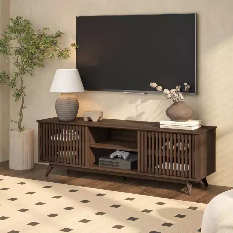 59" Mid-Century Modern Solid Wood TV Stand with 2 Doors