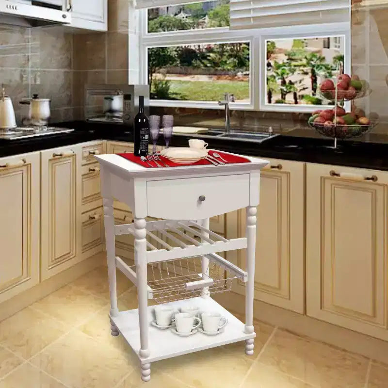 Euro Kitchen Cart with 1 Drawer, 2 Storage Shelves and 1 Basket, White