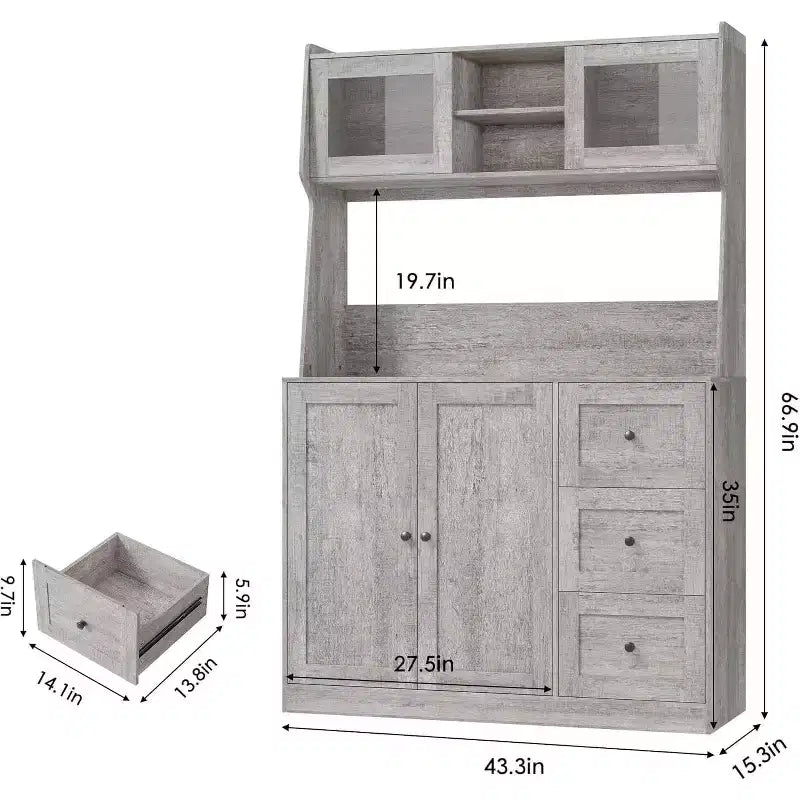 67 Tall Adjustable Storage Cabinet with Tempered Glass Doors, Spacious Countertop, Modern Kitchen Pantry, Coffee Bar, Office Organizer