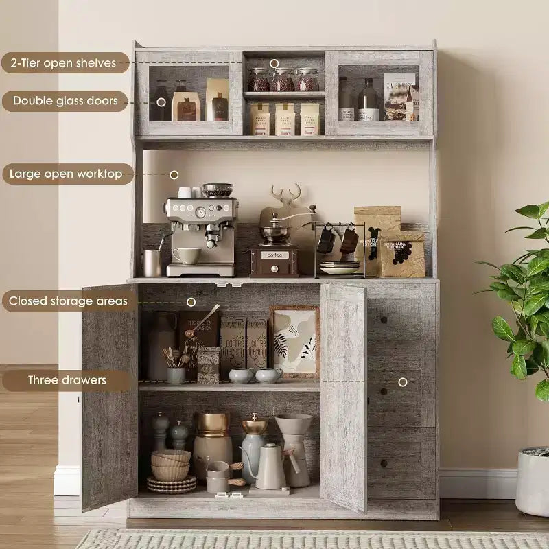 67 Tall Adjustable Storage Cabinet with Tempered Glass Doors, Spacious Countertop, Modern Kitchen Pantry, Coffee Bar, Office Organizer