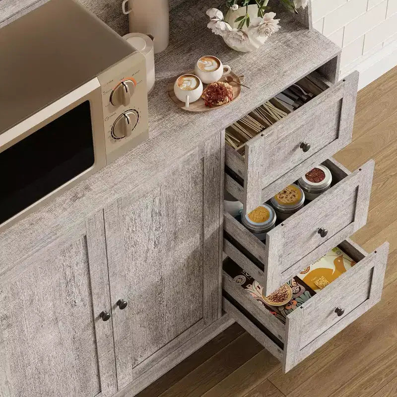 67 Tall Adjustable Storage Cabinet with Tempered Glass Doors, Spacious Countertop, Modern Kitchen Pantry, Coffee Bar, Office Organizer