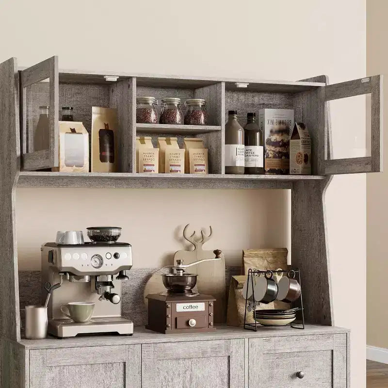 67 Tall Adjustable Storage Cabinet with Tempered Glass Doors, Spacious Countertop, Modern Kitchen Pantry, Coffee Bar, Office Organizer