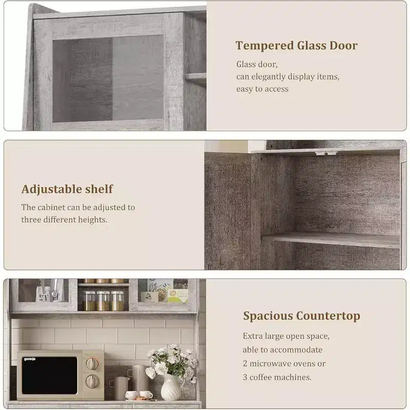 67 Tall Adjustable Storage Cabinet with Tempered Glass Doors, Spacious Countertop, Modern Kitchen Pantry, Coffee Bar, Office Organizer