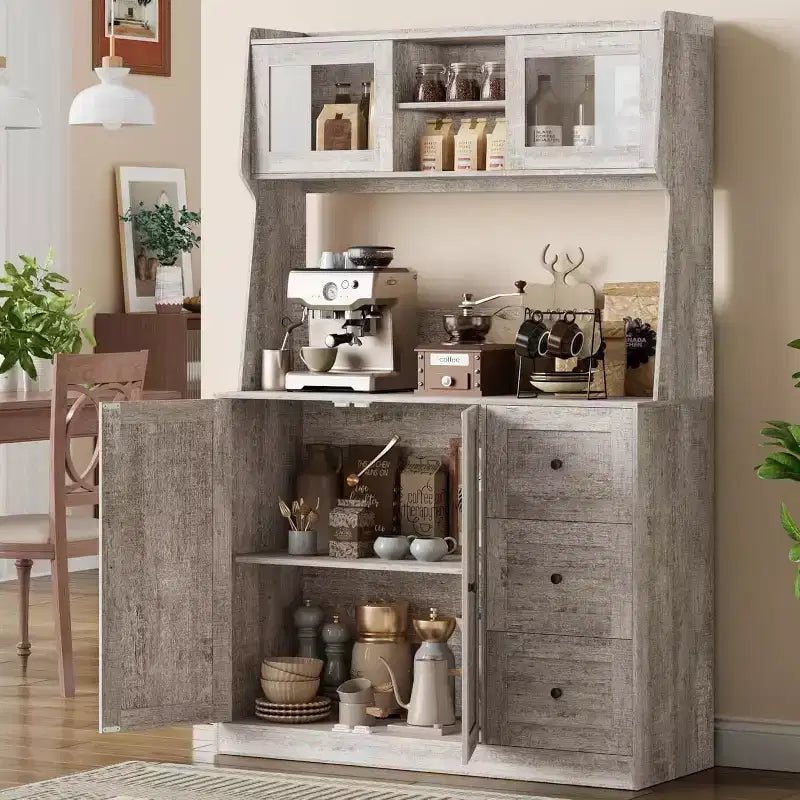 67 Tall Adjustable Storage Cabinet with Tempered Glass Doors, Spacious Countertop, Modern Kitchen Pantry, Coffee Bar, Office Organizer