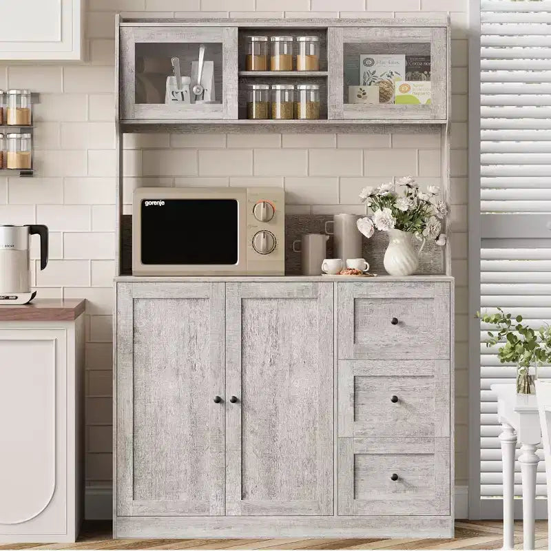 67 Tall Adjustable Storage Cabinet with Tempered Glass Doors, Spacious Countertop, Modern Kitchen Pantry, Coffee Bar, Office Organizer