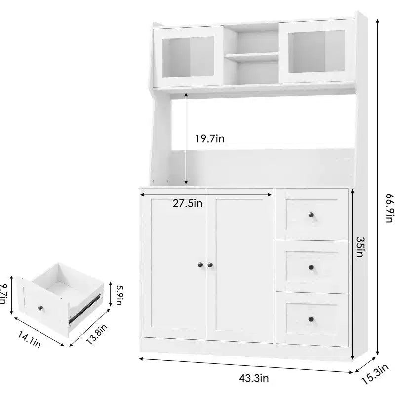 67 Tall Adjustable Storage Cabinet with Tempered Glass Doors, Spacious Countertop, Modern Kitchen Pantry, Coffee Bar, Office Organizer