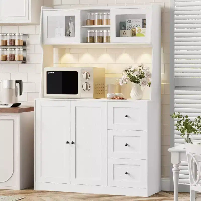 67 Tall Adjustable Storage Cabinet with Tempered Glass Doors, Spacious Countertop, Modern Kitchen Pantry, Coffee Bar, Office Organizer