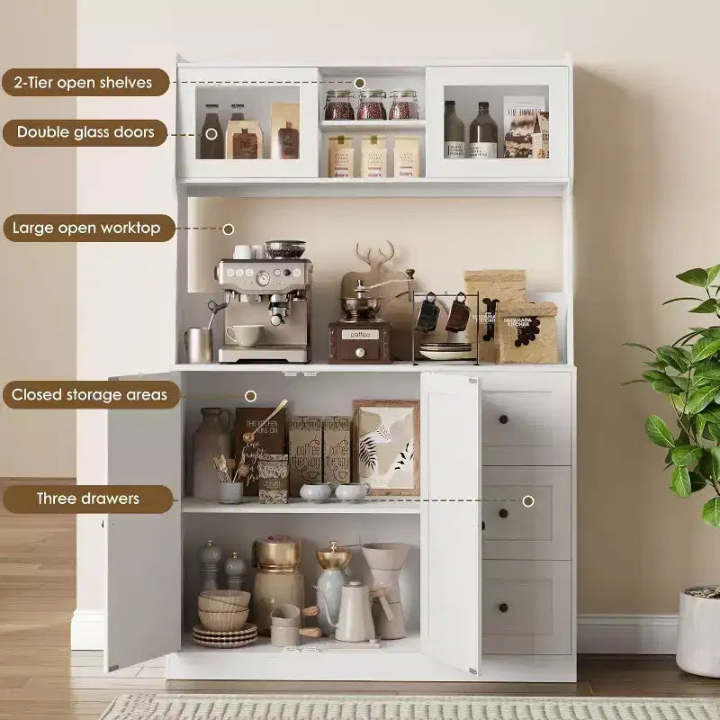 67 Tall Adjustable Storage Cabinet with Tempered Glass Doors, Spacious Countertop, Modern Kitchen Pantry, Coffee Bar, Office Organizer
