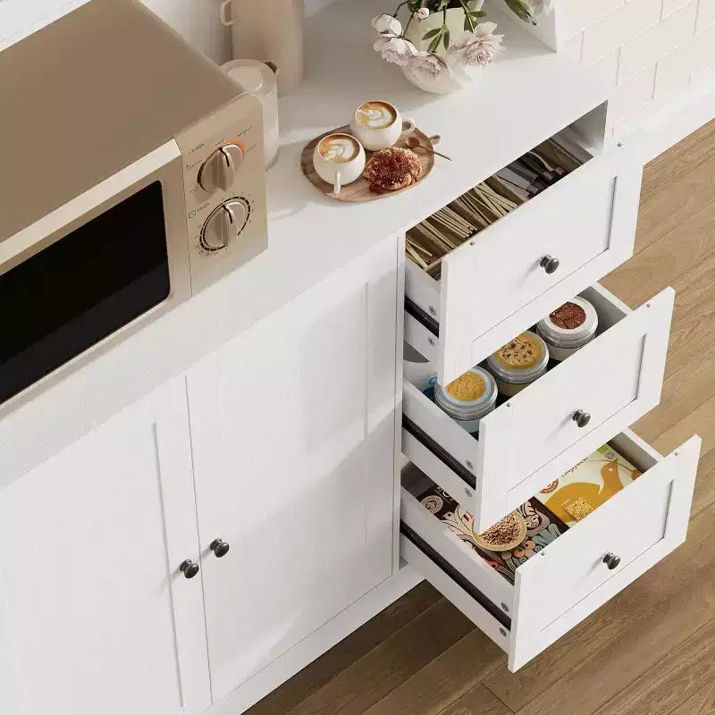 67 Tall Adjustable Storage Cabinet with Tempered Glass Doors, Spacious Countertop, Modern Kitchen Pantry, Coffee Bar, Office Organizer