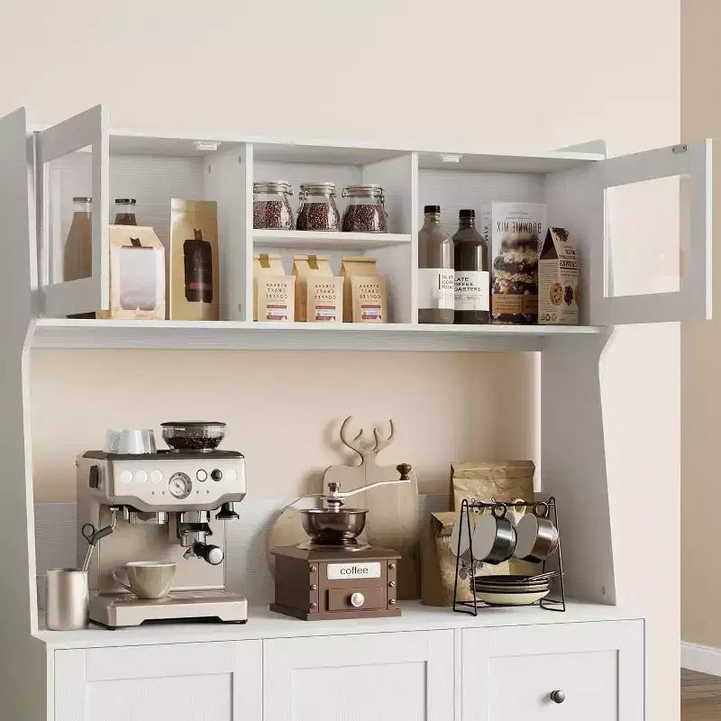 67 Tall Adjustable Storage Cabinet with Tempered Glass Doors, Spacious Countertop, Modern Kitchen Pantry, Coffee Bar, Office Organizer