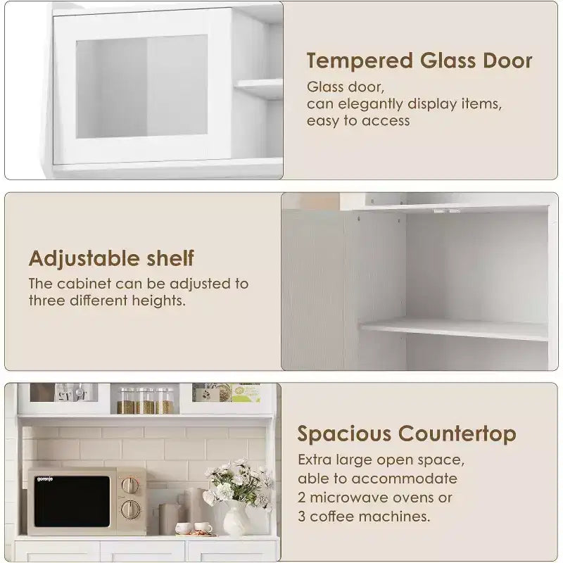 67 Tall Adjustable Storage Cabinet with Tempered Glass Doors, Spacious Countertop, Modern Kitchen Pantry, Coffee Bar, Office Organizer