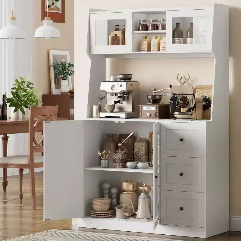 67 Tall Adjustable Storage Cabinet with Tempered Glass Doors, Spacious Countertop, Modern Kitchen Pantry, Coffee Bar, Office Organizer