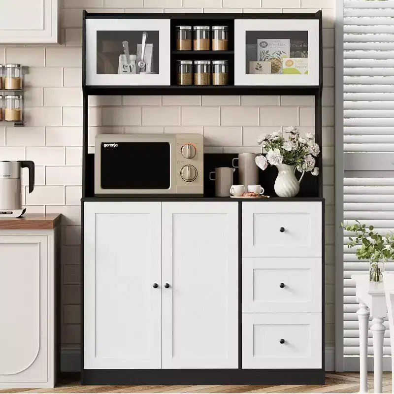 67 Tall Adjustable Storage Cabinet with Tempered Glass Doors, Spacious Countertop, Modern Kitchen Pantry, Coffee Bar, Office Organizer
