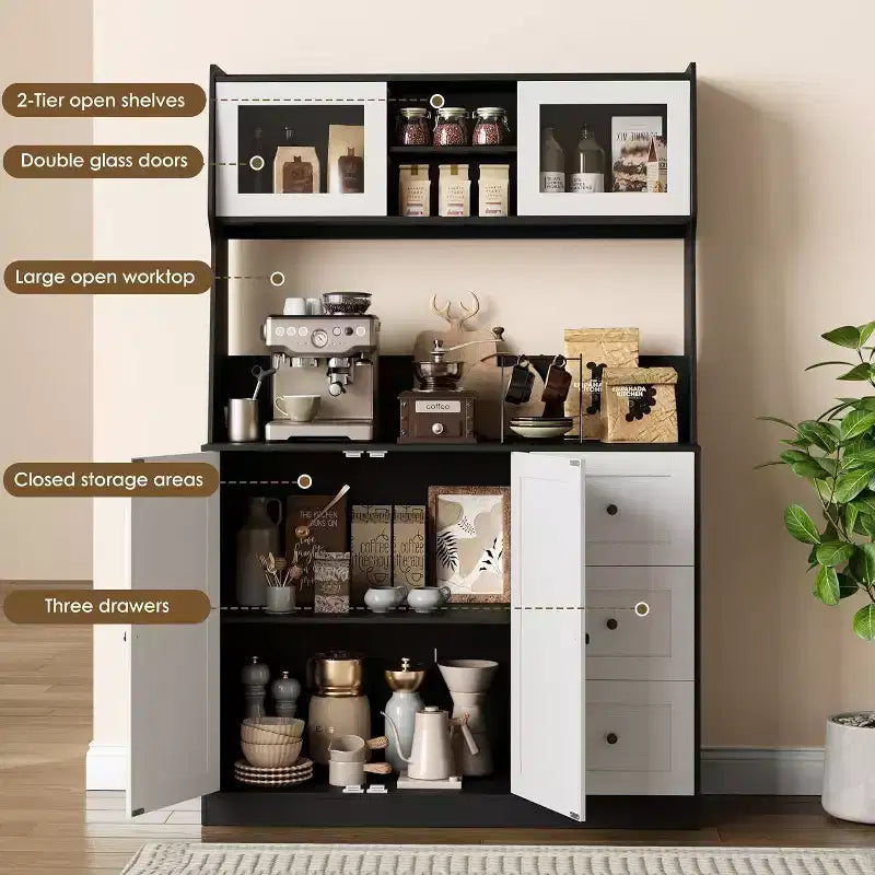 67 Tall Adjustable Storage Cabinet with Tempered Glass Doors, Spacious Countertop, Modern Kitchen Pantry, Coffee Bar, Office Organizer