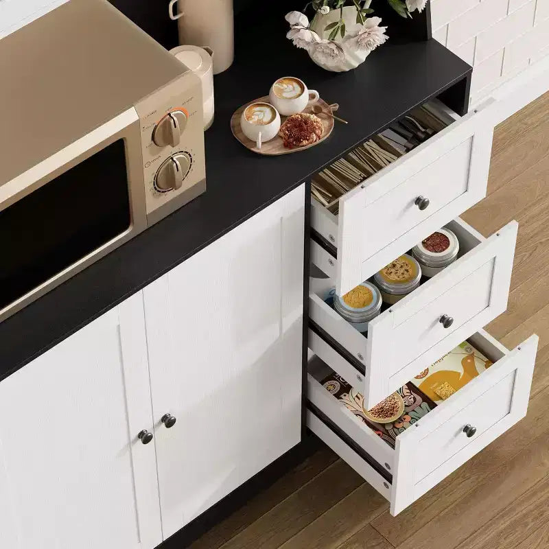 67 Tall Adjustable Storage Cabinet with Tempered Glass Doors, Spacious Countertop, Modern Kitchen Pantry, Coffee Bar, Office Organizer