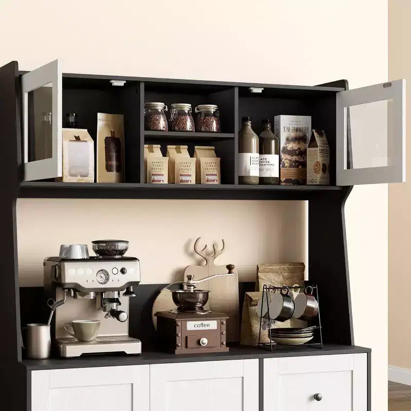 67 Tall Adjustable Storage Cabinet with Tempered Glass Doors, Spacious Countertop, Modern Kitchen Pantry, Coffee Bar, Office Organizer