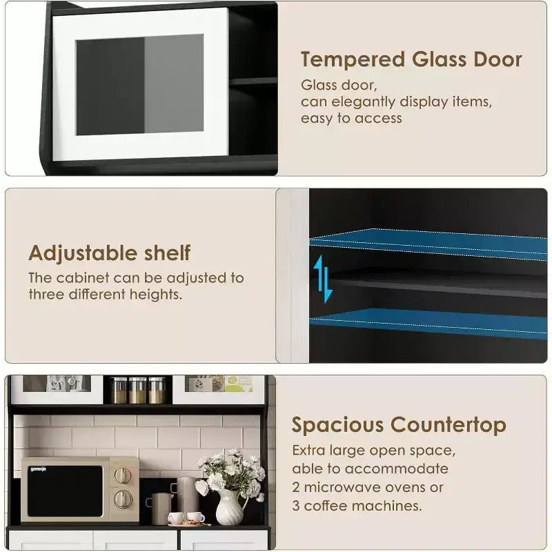 67 Tall Adjustable Storage Cabinet with Tempered Glass Doors, Spacious Countertop, Modern Kitchen Pantry, Coffee Bar, Office Organizer