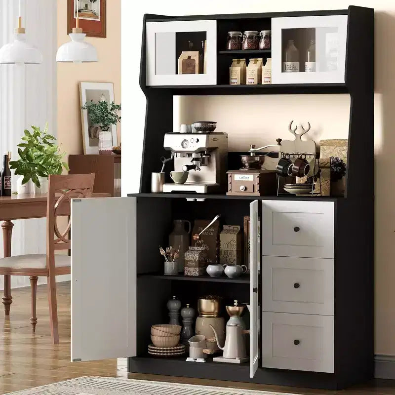 67 Tall Adjustable Storage Cabinet with Tempered Glass Doors, Spacious Countertop, Modern Kitchen Pantry, Coffee Bar, Office Organizer