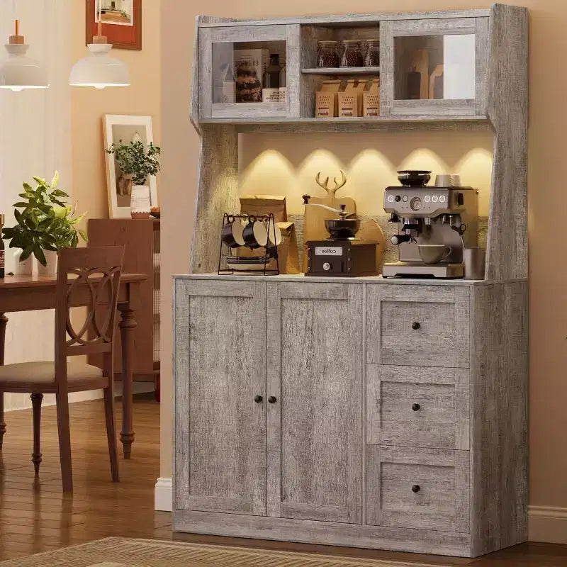 67 Tall Adjustable Storage Cabinet with Tempered Glass Doors, Spacious Countertop, Modern Kitchen Pantry, Coffee Bar, Office Organizer