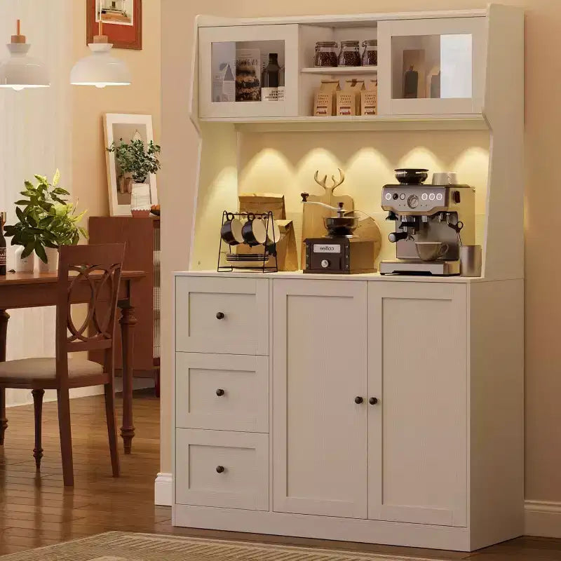 67 Tall Adjustable Storage Cabinet with Tempered Glass Doors, Spacious Countertop, Modern Kitchen Pantry, Coffee Bar, Office Organizer