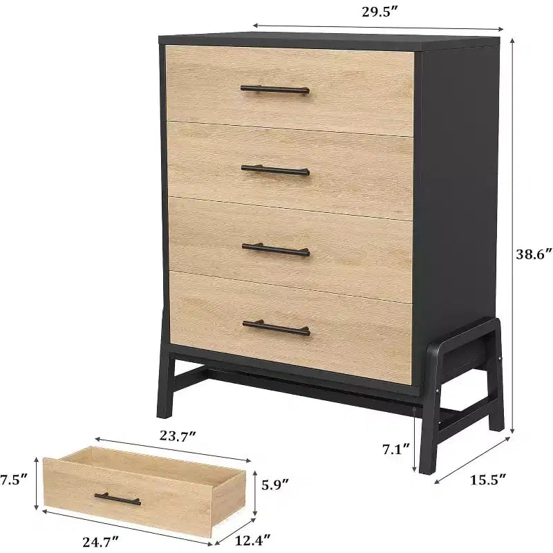 4-Drawer Tall Dresser, 38.6" Chest with Storage, Modern Wooden Dresser for Bedroom, Living Room, Entryway, Natural Oak + Black